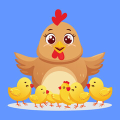 Cute cartoon mother hen with wings spread wide, welcoming and protecting her flock of happy baby chicks	
