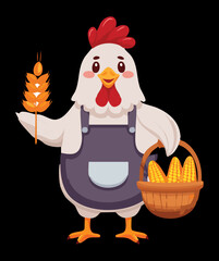 Dedicated cartoon farmer hen wearing an apron, holding a basket full of harvest goods and a stalk of wheat	