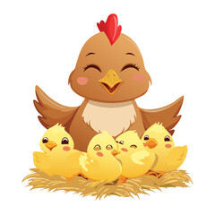 Cheerful cartoon mother hen affectionately hugging her group of sweet, little baby chicks in a warm, loving embrace	
