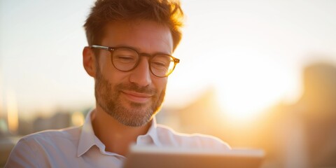Businessman enjoys sunset while using tablet outdoors in a city setting with warm golden light.