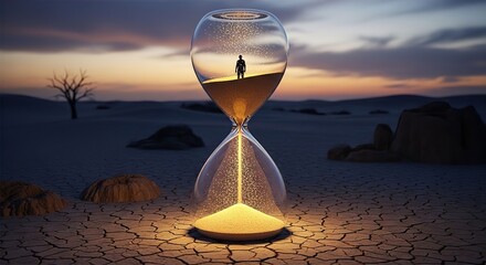 Giant Hourglass Floating in Desert with Man Inside