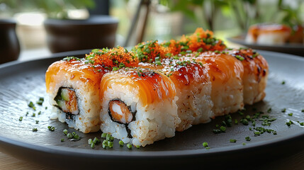 Sushi Delights: Close-up shot of meticulously crafted sushi rolls, each piece a miniature masterpiece of culinary art. The rolls are artfully arranged on a dark plate.