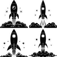 silhouette rocket ships launching into space with stars and smoke