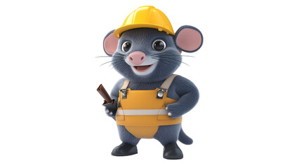 Cute Cartoon Mouse Construction Worker in Hardhat Holding Tools