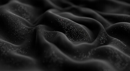 Abstract dark fluid surface with subtle shimmering particles, creating a dynamic and mysterious texture.
