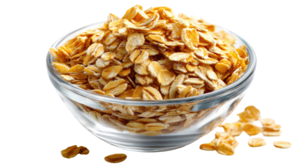 Oats in a bowl: A close-up studio shot featuring a clear glass bowl filled to the brim with nutritious rolled oats. A few stray flakes sit around the bowl.