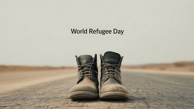 A pair of worn boots stands on a deserted road under a clear sky, symbolizing the journey of refugees on World Refugee Day.