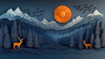 3D golden forest wallpaper with deer and birds in paper - cut style on dark blue, luxury wall art for home
