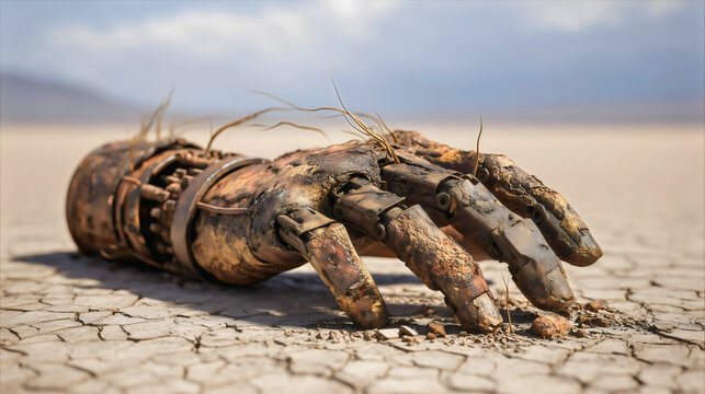 A close-up of a weathered and rusty cyborg arm, a forgotten piece of futuristic technology in the desert, a post-apocalyptic relic of a fallen robot or android, a science fiction.