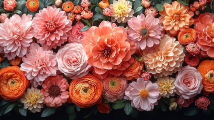 Fototapeta premium Vintage floral wallpaper with peonies, chrysanthemums and dahlias, close - up of pastel blooms 