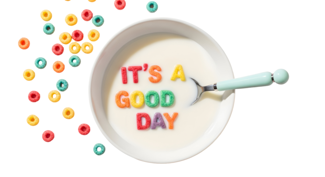 Start your day with a cheerful and colorful breakfast, featuring a delightful message of positivity spelled out in vibrant cereal, promising a truly good day ahead