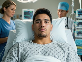 Fototapeta premium A young man lies in a hospital bed, looking directly at the camera, with a nurse and doctor in the background tending to him.