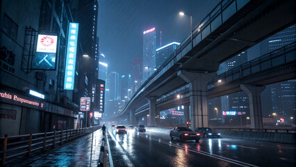 Obraz premium Futuristic elevated road glowing in neon rain with dynamic light streaks