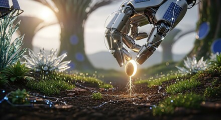 Futuristic Robot Hand Planting a Glowing Seed