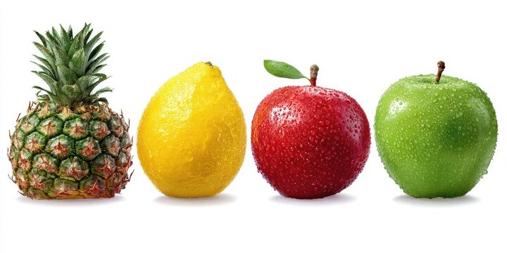Four fresh fruits pineapple, lemon, red apple, and green apple