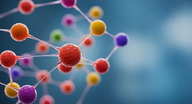 Colorful Molecular Structure with Spheres on Blurred Blue Background
