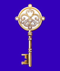 Golden ornate decorative key, a classic object for themes of luxury, wealth, and exclusive access