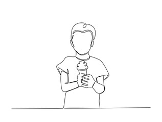 Continuous line art drawing of happy boy enjoying ice cream. Kid holding ice cream in single line art drawing vector illustration. Editable stroke.