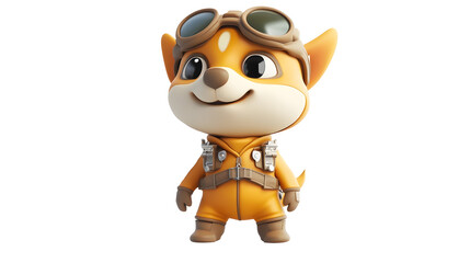 Cute Cartoon Pilot Mascot Figurine in Orange Gear with Goggles Adventure and Travel Concept