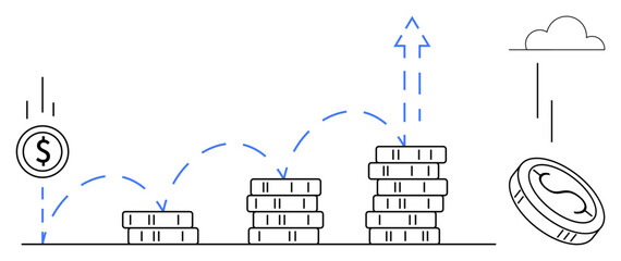 Stacks of coins gradually increasing in height paired with upward arrows. Ideal for finance, investment, growth, planning, profit, savings, and economic analysis. Clean and simple flat metaphor