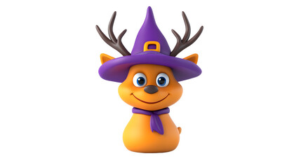 Cute Cartoon Pumpkin Witch Character with Antlers Wearing Purple Hat and Scarf