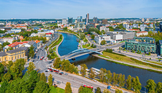 Aerial view of the Mindaugas Bridge crossing the N&eacute;ris river in Vilnius, the capital city of Lithuania in the Baltic States