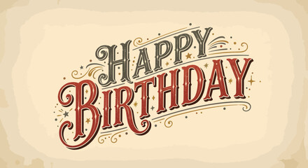 Vintage 'Happy Birthday' greeting with ornate, retro-style typography on a textured background.