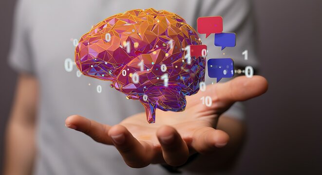 Human Brain in Hand with Digital Data and Speech Bubbles