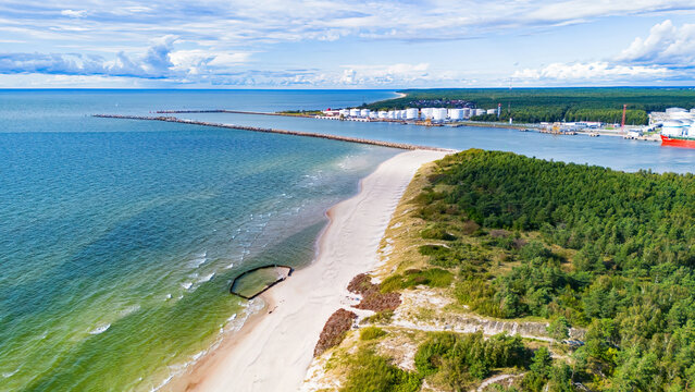 Aerial view of the breakwater at the entrance of the Curonian Lagoon in Klaipėda on the coast of the Baltic Sea in Lithuania
