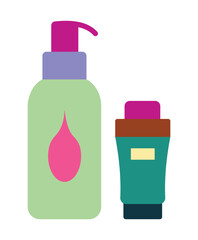 Cosmetic packaging icon with a lotion pump bottle and cream tube. A flat illustration for skincare, beauty, and self-care products.