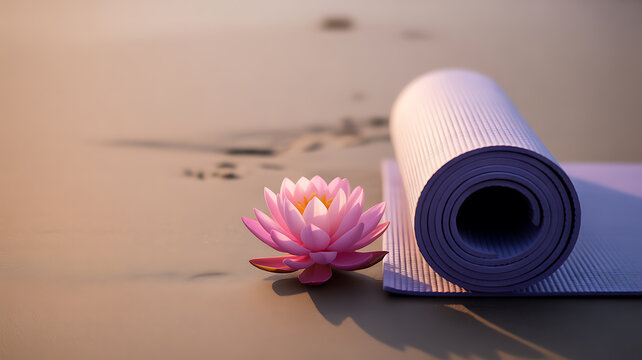 Rolled yoga mat and pink lotus flower on sandy beach at sunset