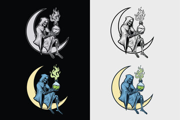 skeleton alchemist seated on a crescent moon vector illustration Black white