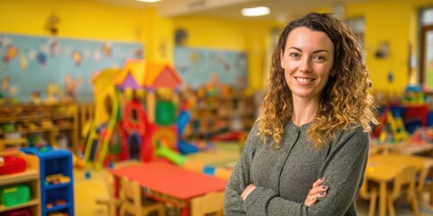 The engaging teacher in a vibrant preschool classroom filled with laughter and learning.