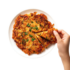  Kimchi pancake (Kimchi jeon or kimchi buchimgae) with hand ready to eating, Korean food [Transparent Background PNG].