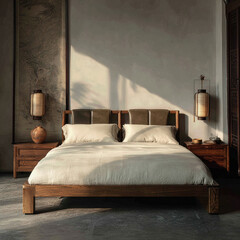 A serene and minimalist Japandi-style bedroom with a low wooden bed and concrete walls, bathed in warm morning sunlight, creating a tranquil and modern retreat.
