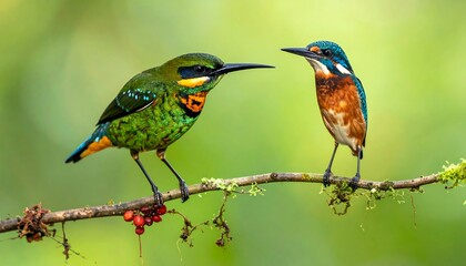 Fototapeta premium Two colorful avian creatures, perched on a tree branch, engage in a visual interaction. A vibrant scene, with blurred green background