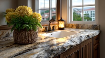 A realistic high-definition photo of a luxurious bathroom with marble countertops and soft lighting.