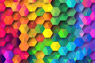 Vibrant, multicolored hexagonal pattern with a three-dimensional effect, creating a visually striking and dynamic composition