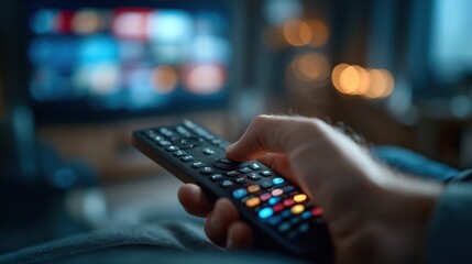 Closeup of hands adjusting settings on a universal remote control with illuminated keys highlighting advanced features for multidevice customization blurred surroundings.