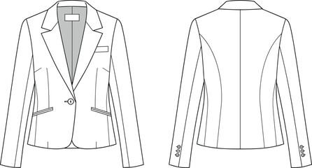 Women’s blazer fashion illustration, technical flat sketch front and back, tailored jacket design, notched lapel, single button closure, princess seams, garment construction, © Shammi's World