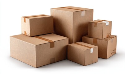 Fototapeta premium Several cardboard boxes of various sizes stacked and arranged, light brown color, on white background