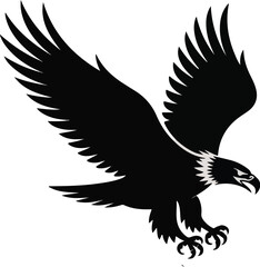 Fototapeta premium Majestic bald eagle silhouette in flight, powerful black bird of prey vector illustration, soaring eagle mascot graphic for sports logos and branding