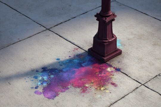 Colorful paint splatters on light gray concrete sidewalk with a maroon lamppost
