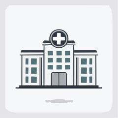 Simple illustration of a modern hospital building with a prominent medical cross symbol.