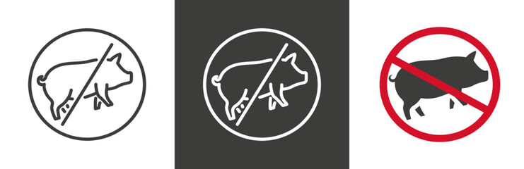 flat and linear set icons, pork ban icon, no pig meat sign, forbiden simple symbols on white and black background - editable stroke vector illustration