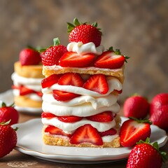 “Strawberry Shortcake Elegance” – Tall slice of strawberry shortcake layered with cream and fresh strawberries