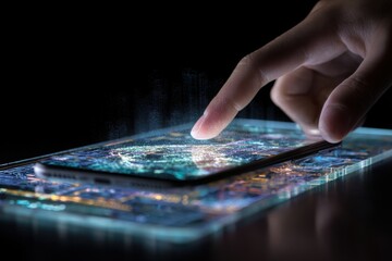 Naklejka premium A hand touches a glowing smartphone screen displaying data visualizations