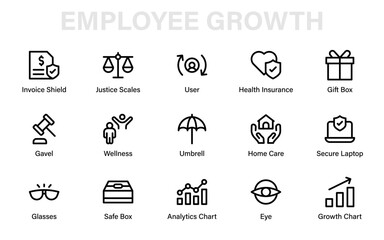 Employee growth, health, and wellness line icons featuring charts, justice, shield, invoice, and insurance symbols for finance, law, and care design