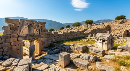 Ancient Ruins of Ancient City Under Blue Sky with Green Hills.