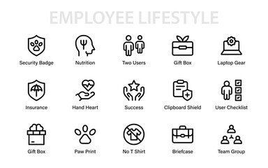 Employee lifestyle and business icons set featuring gift, paw print, team, insurance, checklist, security badge, nutrition, laptop gear, and more